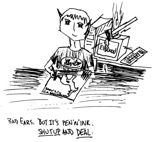[Demon drawing, with an ax through the computer displaying Elfwood]