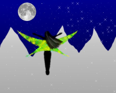 [Faery flying towards the moon in front of snowy mountains]