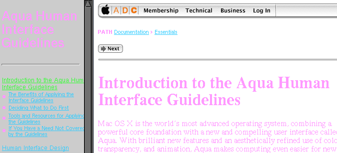 [Mac OS X Aqua Human Interface Guidelines: Pink on White and worse]